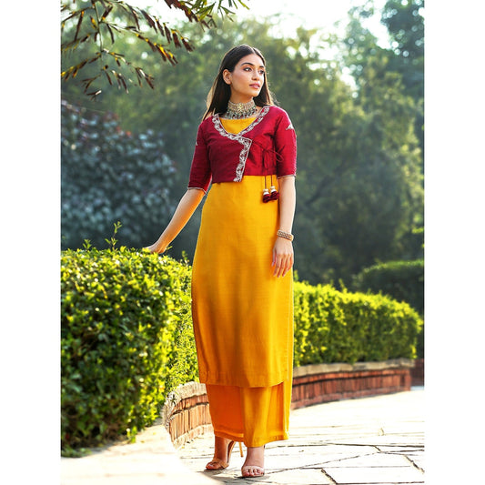 WeaverStory Mustard Munga Silk Kurta With Maroon Angarkha Jacket and Wide Leg Pants (Set of 3)