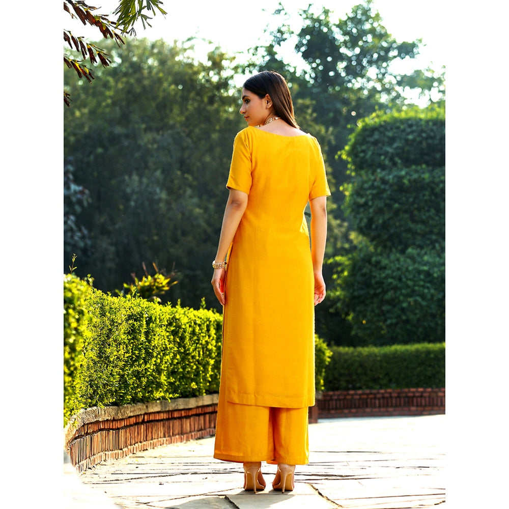 WeaverStory Mustard Munga Silk Kurta With Maroon Angarkha Jacket and Wide Leg Pants (Set of 3)