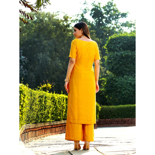 WeaverStory Mustard Munga Silk Kurta With Maroon Angarkha Jacket and Wide Leg Pants (Set of 3)