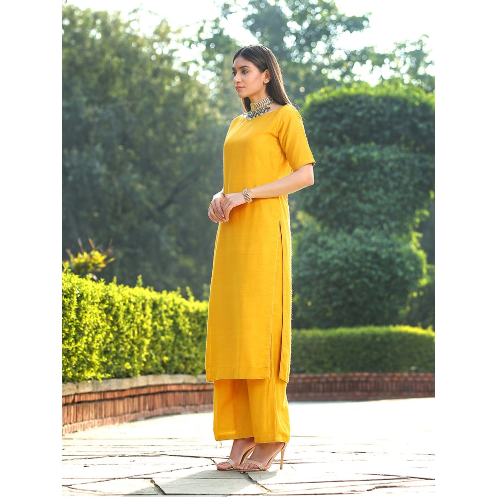 WeaverStory Mustard Munga Silk Kurta With Maroon Angarkha Jacket and Wide Leg Pants (Set of 3)