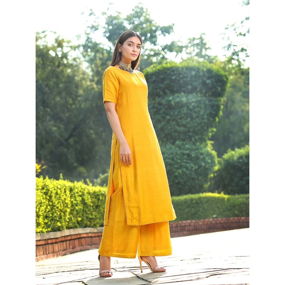 WeaverStory Mustard Munga Silk Kurta With Maroon Angarkha Jacket and Wide Leg Pants (Set of 3)