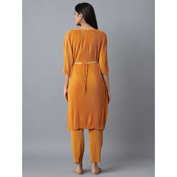 W Orange Pleated Kurta-Slim Pants Set (Set of 2)