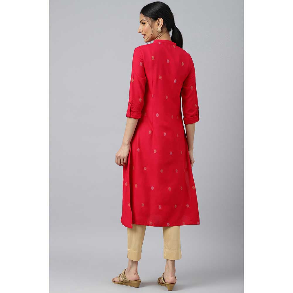 W Red Mettalic Embroidered Kurta With Pleats