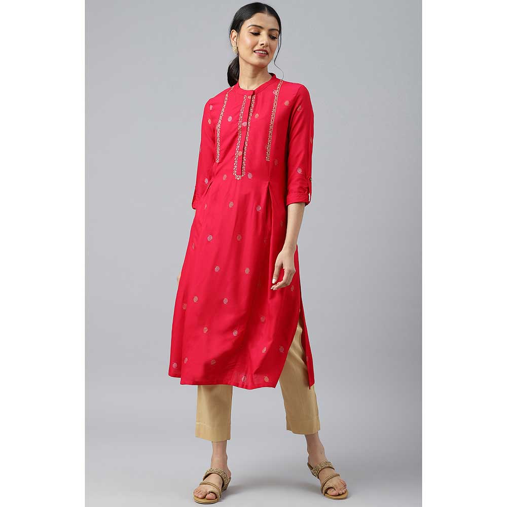 W Red Mettalic Embroidered Kurta With Pleats