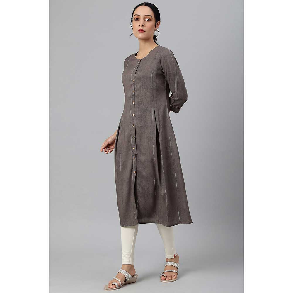 W Charcoal Grey Button Down Embroidered Kurta