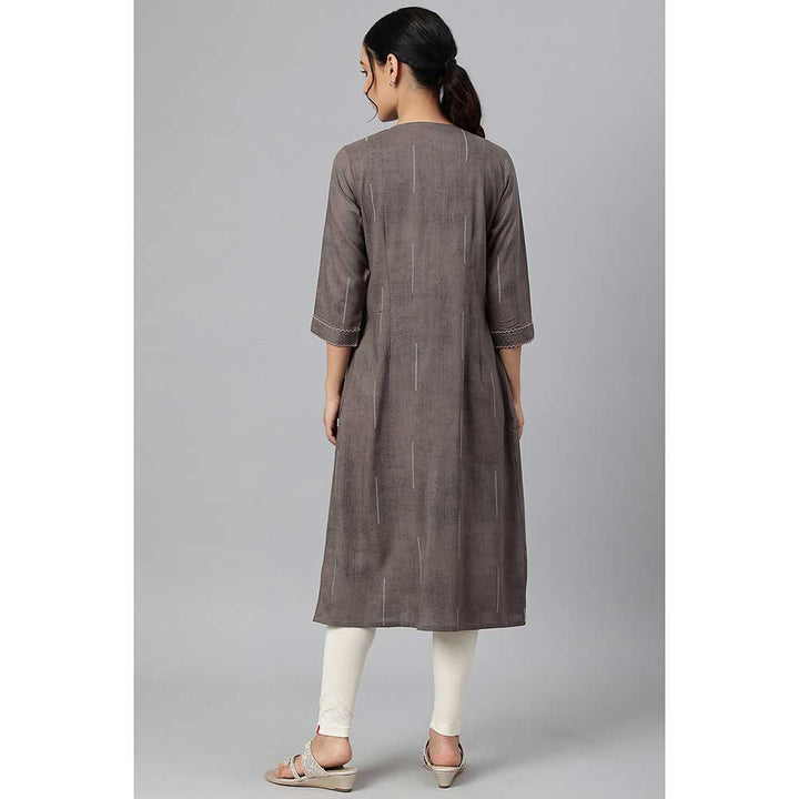 W Charcoal Grey Button Down Embroidered Kurta
