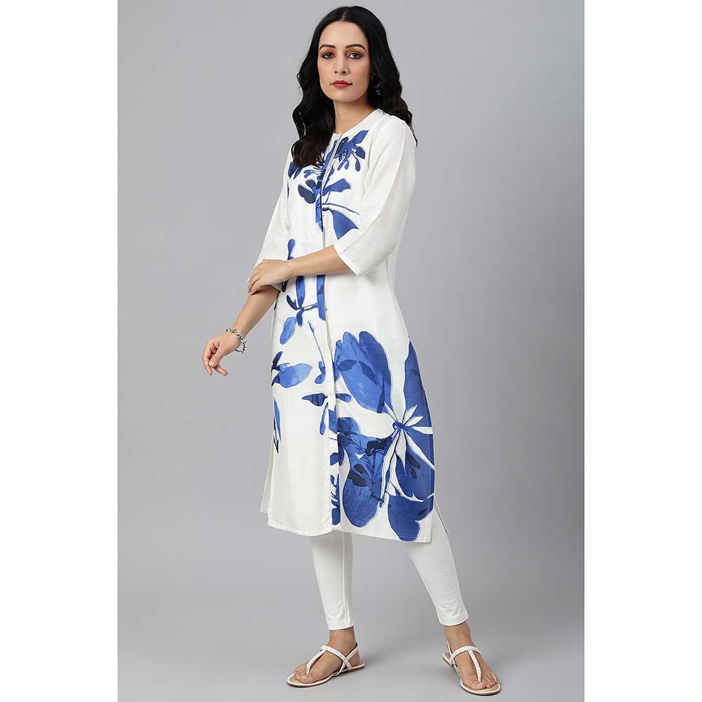 W Placement White Kurta With Blue Floral Print