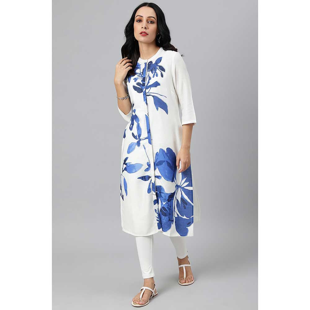 W Placement White Kurta With Blue Floral Print