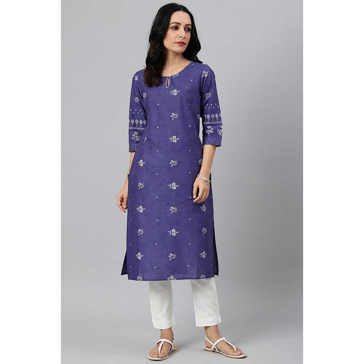 W Blue Floral Print Kurta With Embroidered Neck