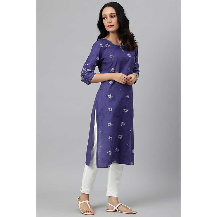 W Blue Floral Print Kurta With Embroidered Neck