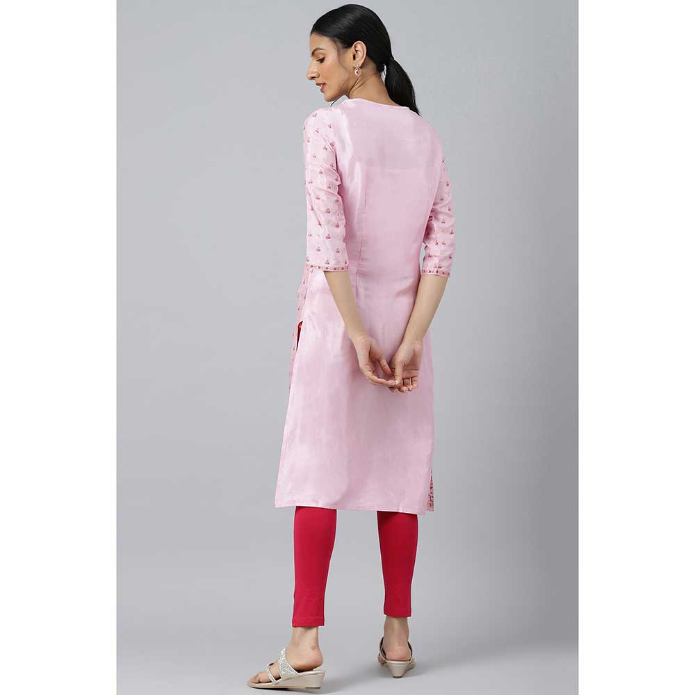 W Cameo Pink Floral Printed And Embroidered Kurta