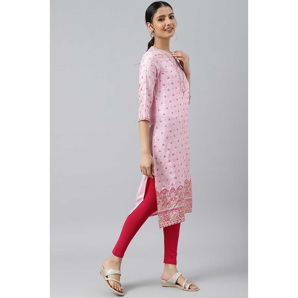 W Cameo Pink Floral Printed And Embroidered Kurta
