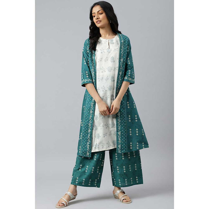 W Green Printed Gilet With Off-White Kurta And Green Parallel Pants Set (Set of 3)