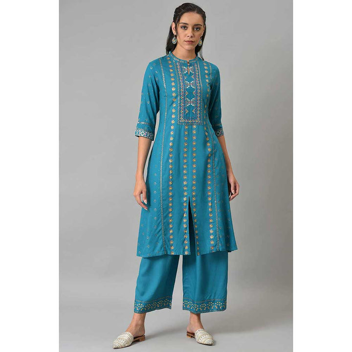 W Blue Printed Kurta with Parallel Pants (Set of 2)