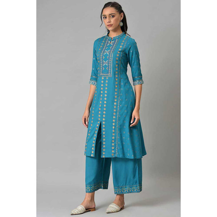 W Blue Printed Kurta with Parallel Pants (Set of 2)
