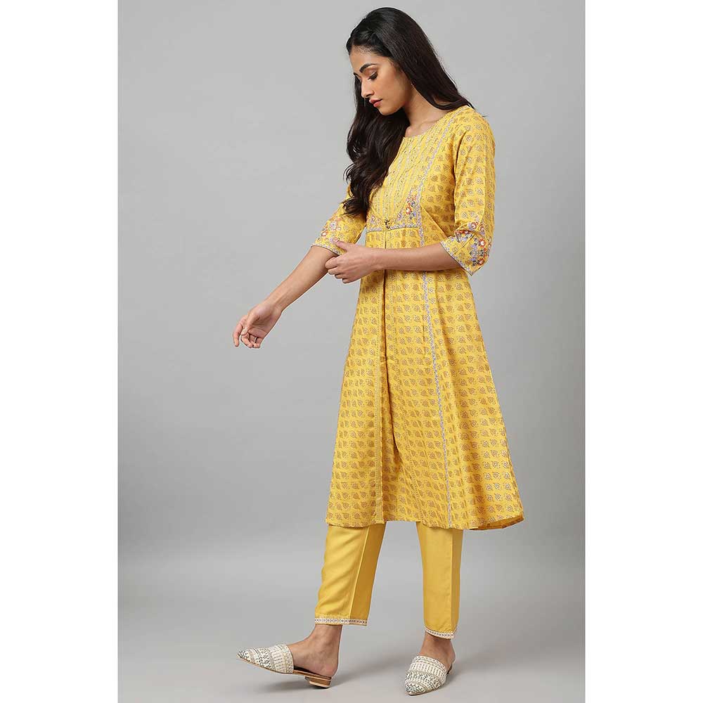 W Yellow Floral Kurta with Straight Pants (Set of 2)