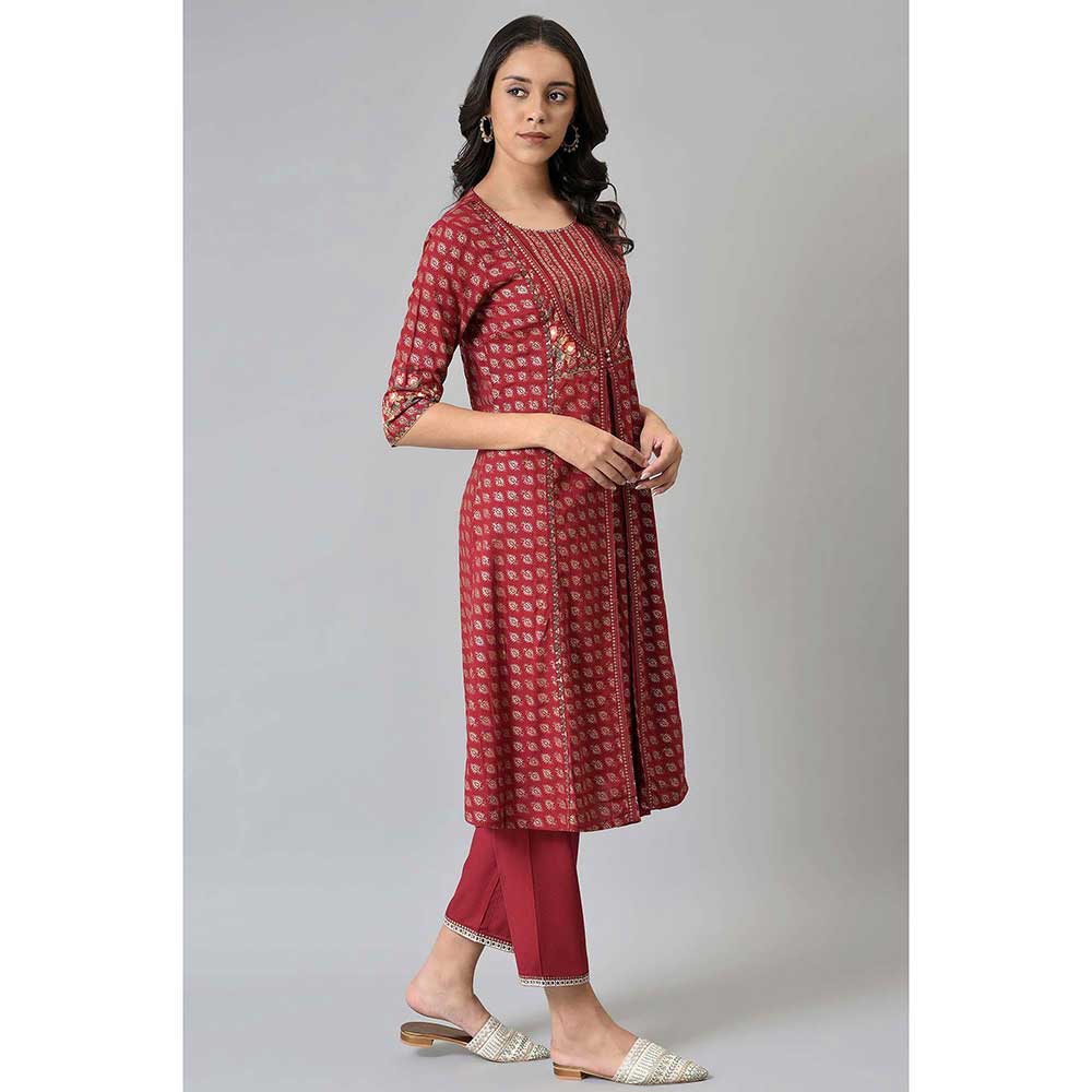 W Red Floral Kurta with Straight Pants (Set of 2)