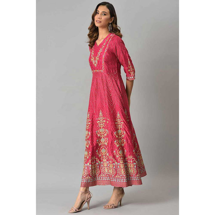 W Pink Floral Printed & Embroidered Dress