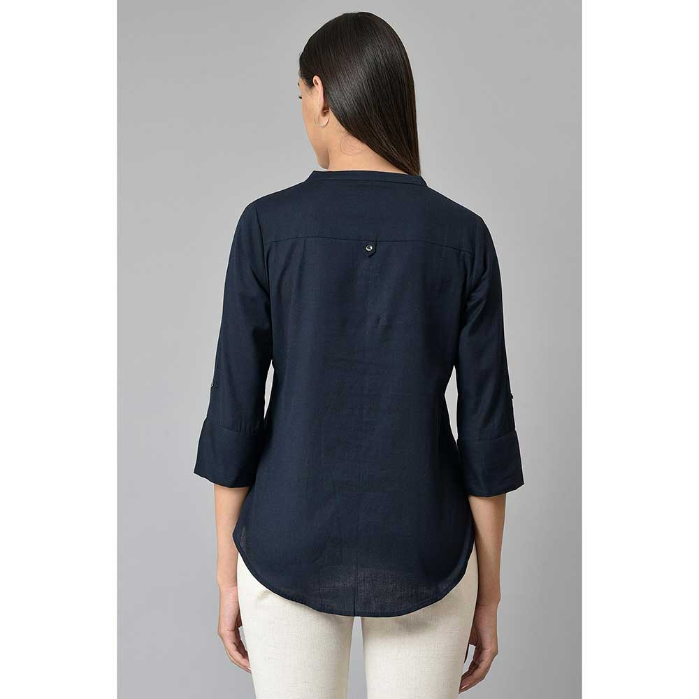 W Navy Blue Pleated Top