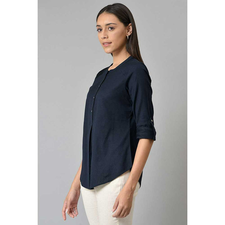 W Navy Blue Pleated Top
