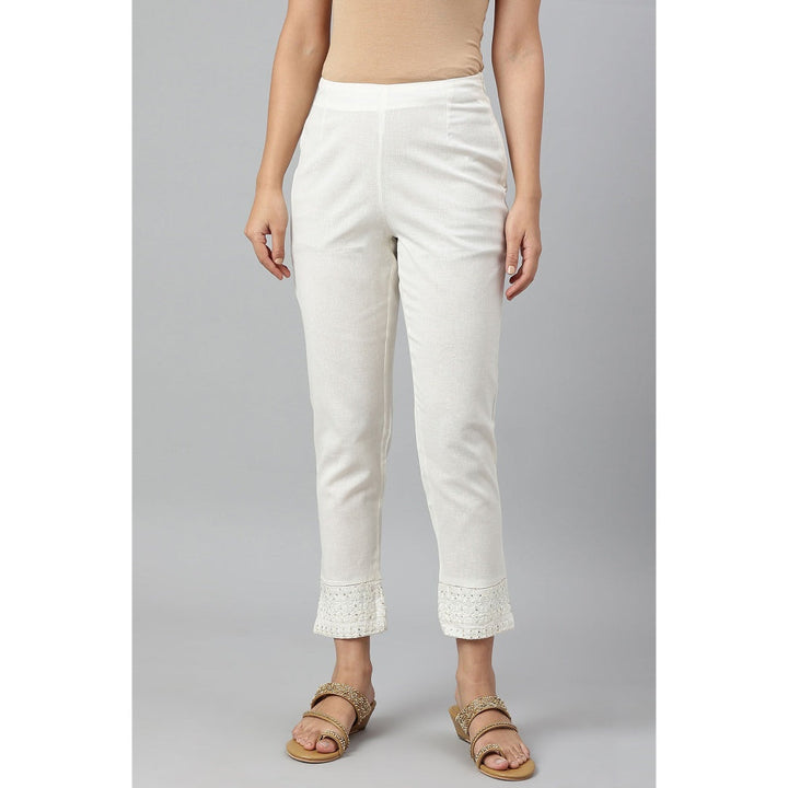 W Off White Solid Slim Pant