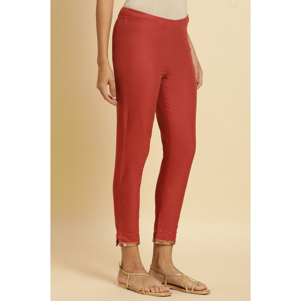W Red Solid Slim Pant