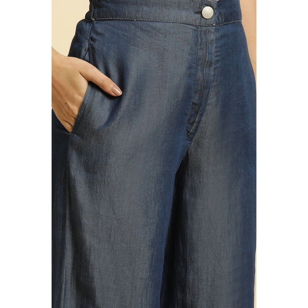W Blue Solid/Plain Flared Pant