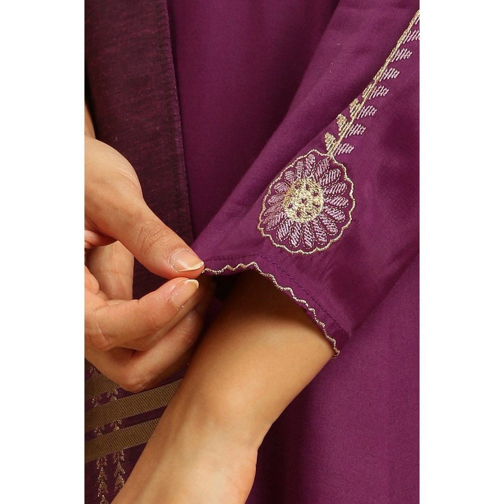 W Purple Embroidered Kurta Parallel Pants & Dupatta (Set of 3)