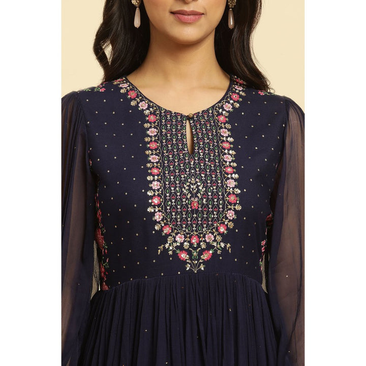 W Navy Blue Floral Embroidered Dress