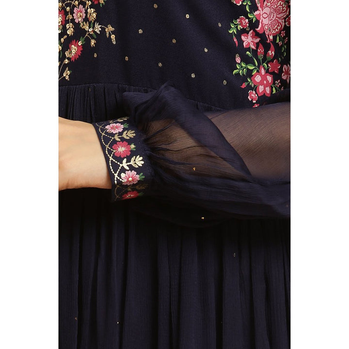 W Navy Blue Floral Embroidered Dress