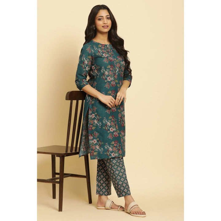 W Green Floral Kurta and Straight Pant (Set of 2)