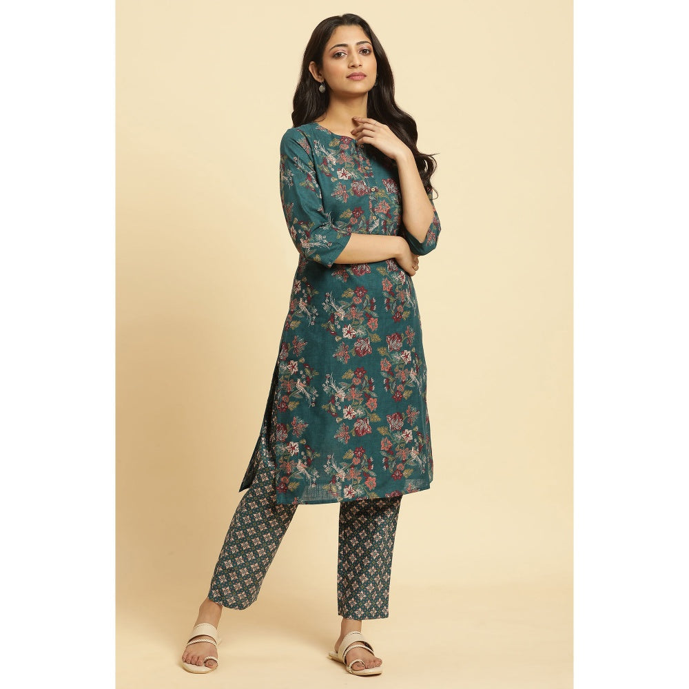 W Green Floral Kurta and Straight Pant (Set of 2)
