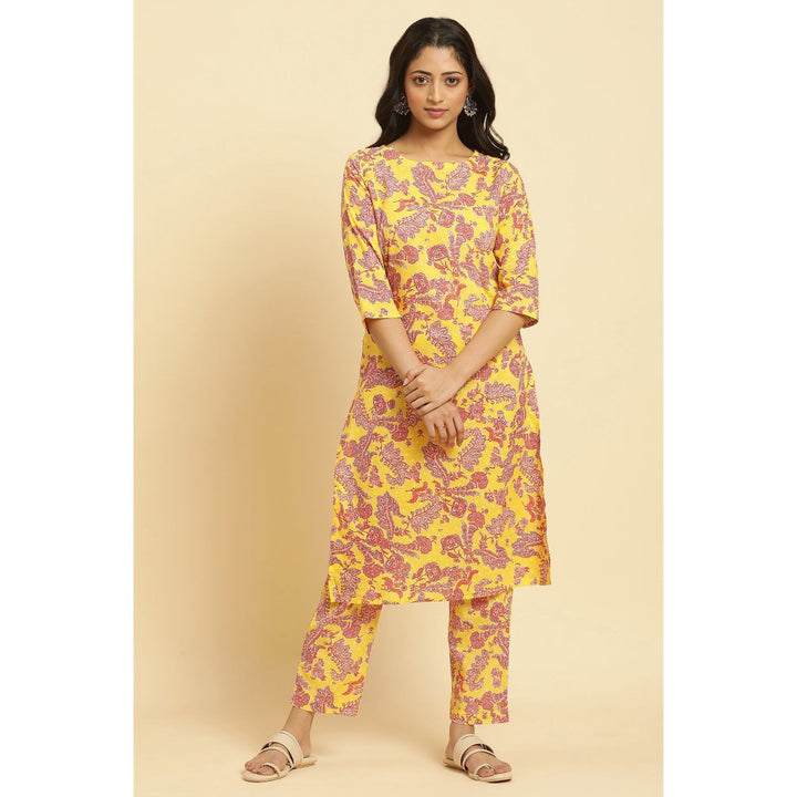 W Yellow Floral Kurta and Straight Pant (Set of 2)