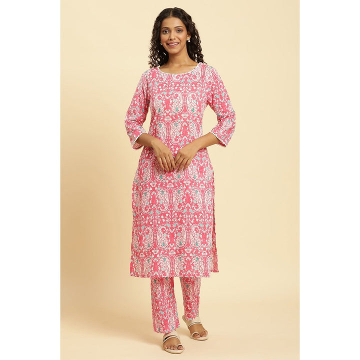 W Pink Floral Kurta and Straight Pant (Set of 2)