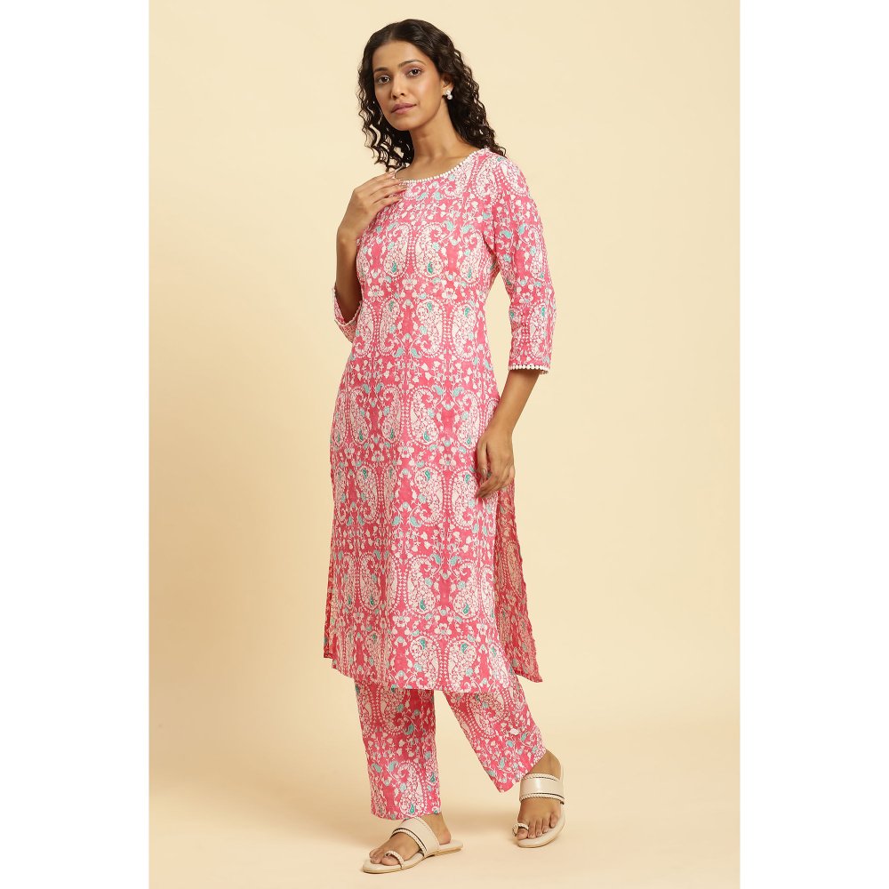 W Pink Floral Kurta and Straight Pant (Set of 2)