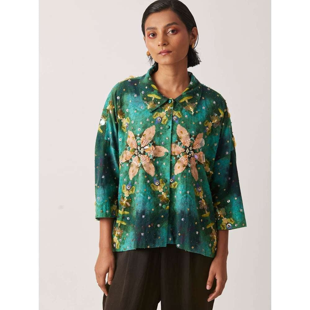 YAVI Women's Anigo Floral & Embellished Green Jacket