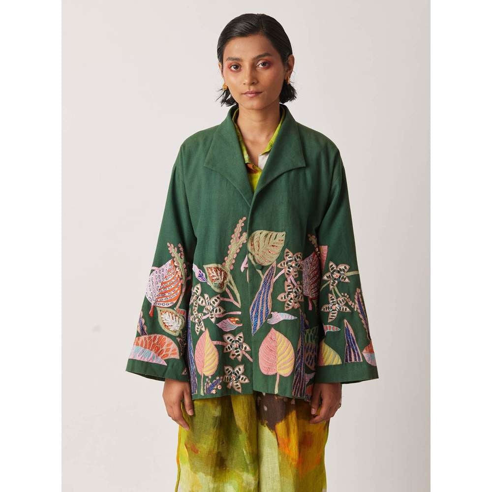 YAVI Women's Cyoti Floral & Embroidered Green Jacket