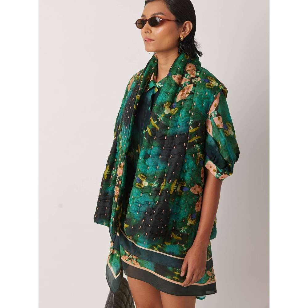 YAVI Women's Kotty Floral & Thread Work Green Jacket