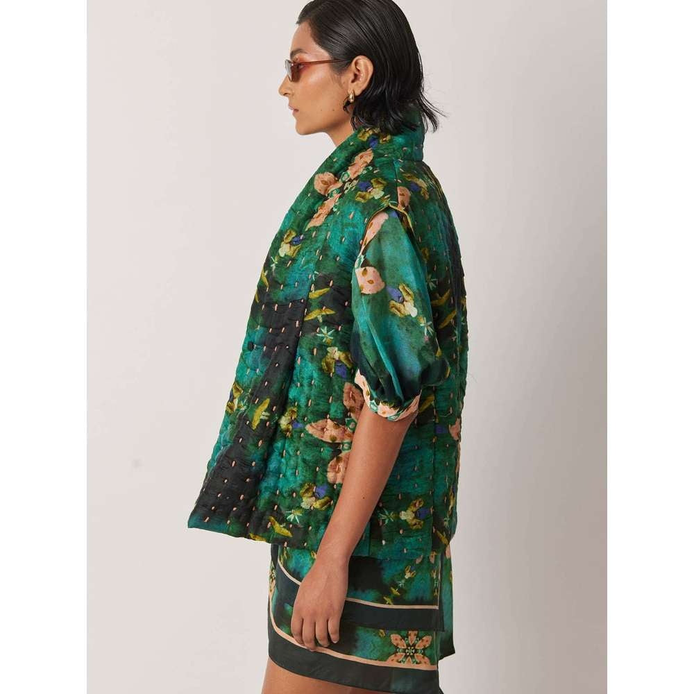 YAVI Women's Kotty Floral & Thread Work Green Jacket
