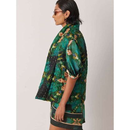 YAVI Women's Kotty Floral & Thread Work Green Jacket
