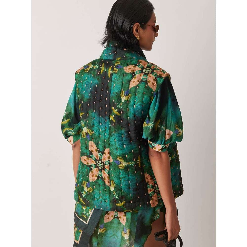 YAVI Women's Kotty Floral & Thread Work Green Jacket