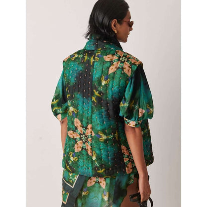 YAVI Women's Kotty Floral & Thread Work Green Jacket