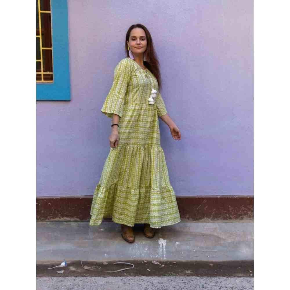 Zanaash Sweet Lime - Cotton Hand Blockprinted Maxi Dress