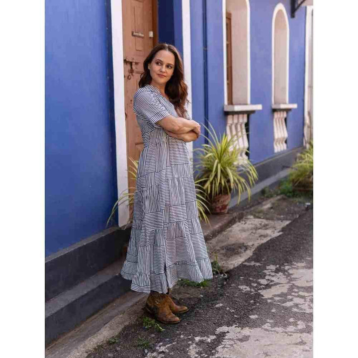 Zanaash Stripes Play - Goan Romance Hand Block Printed  Cotton Maxi Dress
