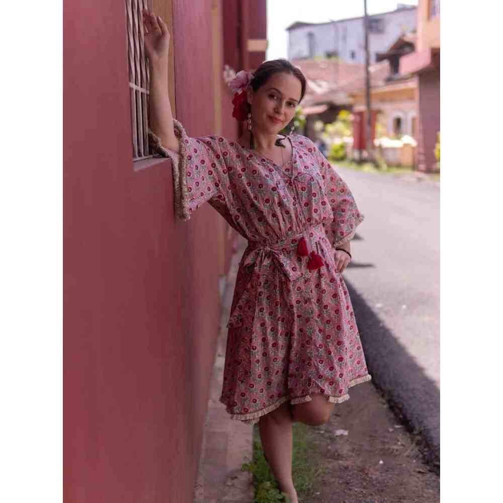 Zanaash Pink Peonies - Goan Romance Hand Block Printed Midi Dress