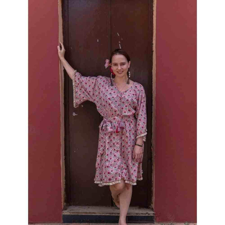 Zanaash Pink Peonies - Goan Romance Hand Block Printed Midi Dress