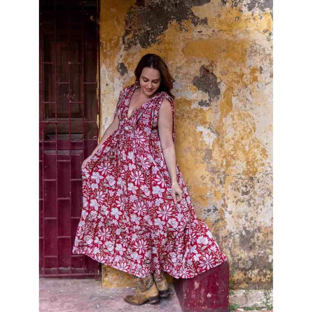 Zanaash Red Flare-Goan Romance Hand Block Printed Maxi Dress