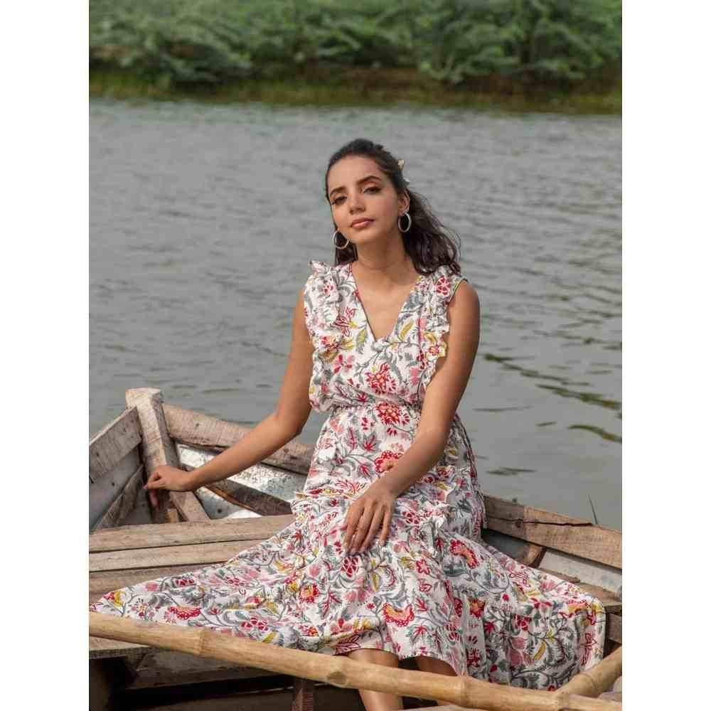 Zanaash Asher-Gypsy Boo Floral Hand Block Printed Cotton Maxi Dress