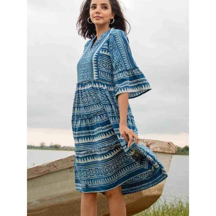 Zanaash Atea - Gypsy Boo Indigo Cotton Hand Block Printed Midi Dress