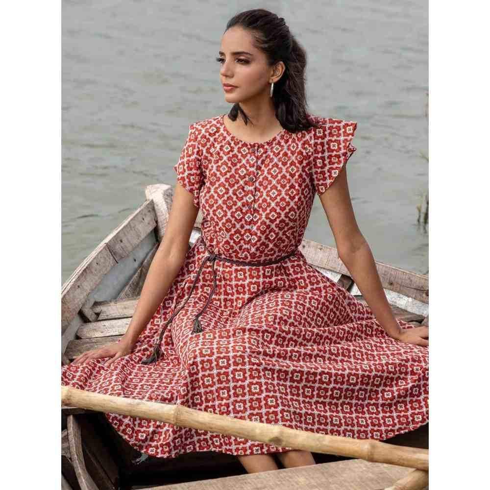 Zanaash Voeux -Gypsy Boohand Block Printed Cotton Midi Dress